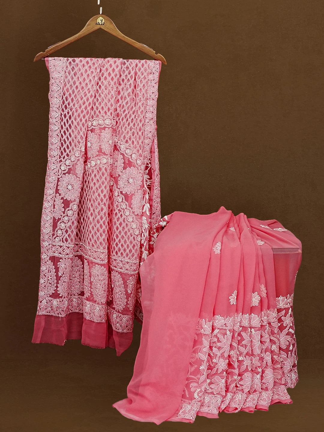 Ada Hand Embroidered Pink Georgette Lucknowi Chikankari Saree with Blouse 01A555858