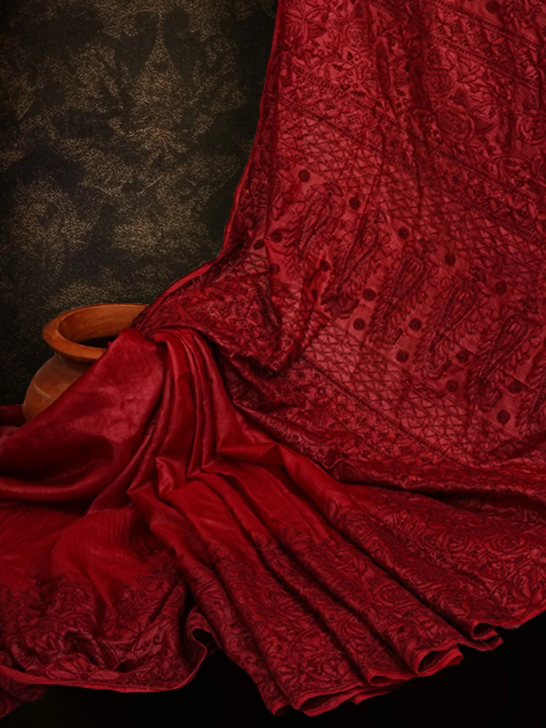 Ada Hand Embroidered Maroon Silk Lucknowi Chikankari Saree and Blouse 01A558376