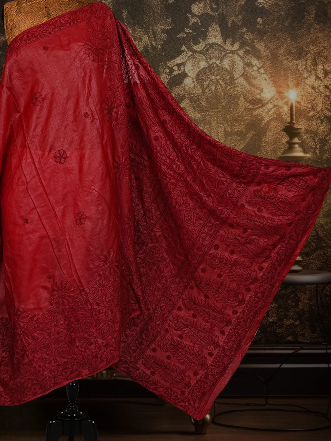 Ada Hand Embroidered Maroon Silk Lucknowi Chikankari Saree and Blouse 01A558376