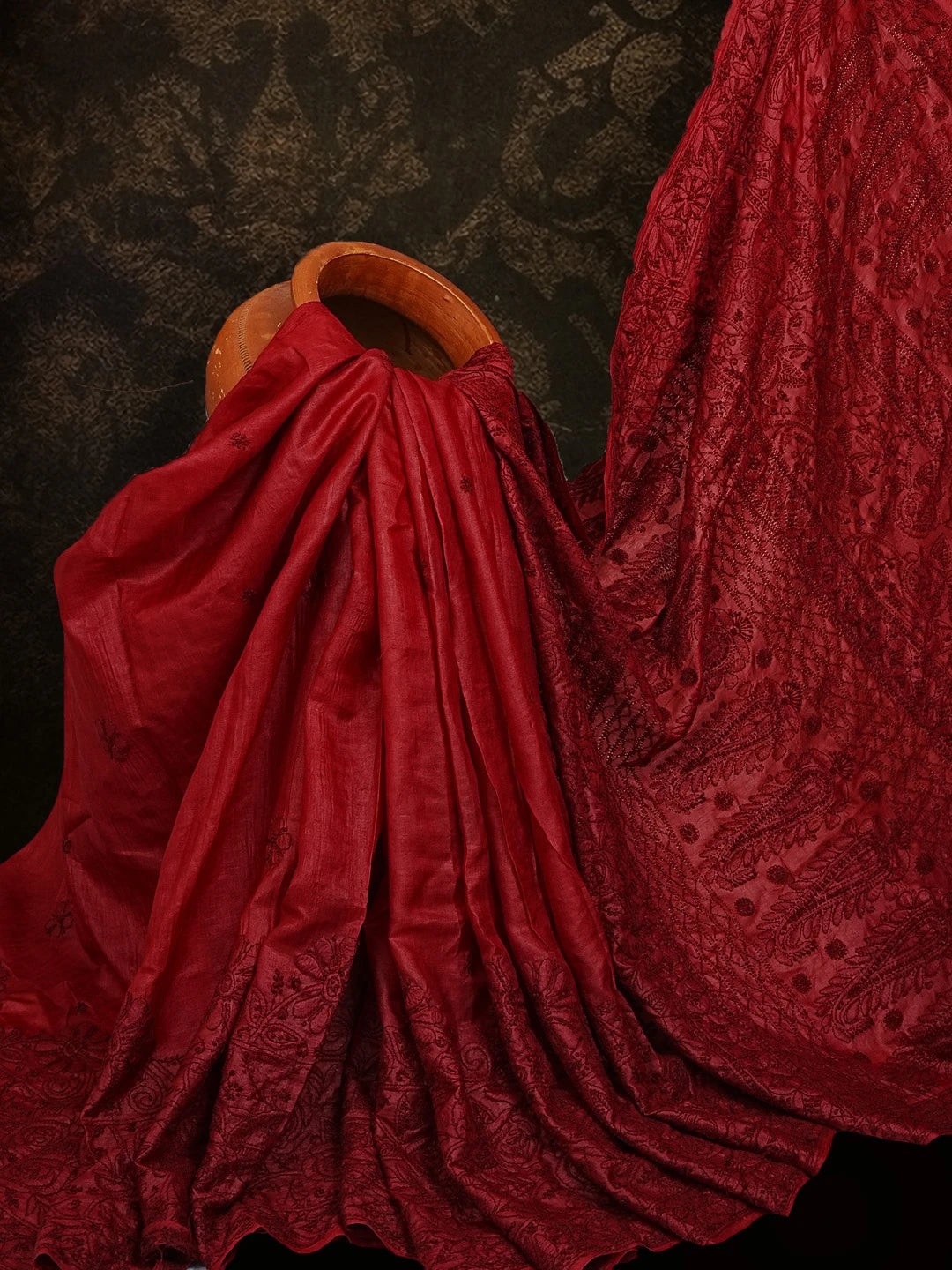 Ada Hand Embroidered Maroon Silk Lucknowi Chikankari Saree and Blouse 01A558376