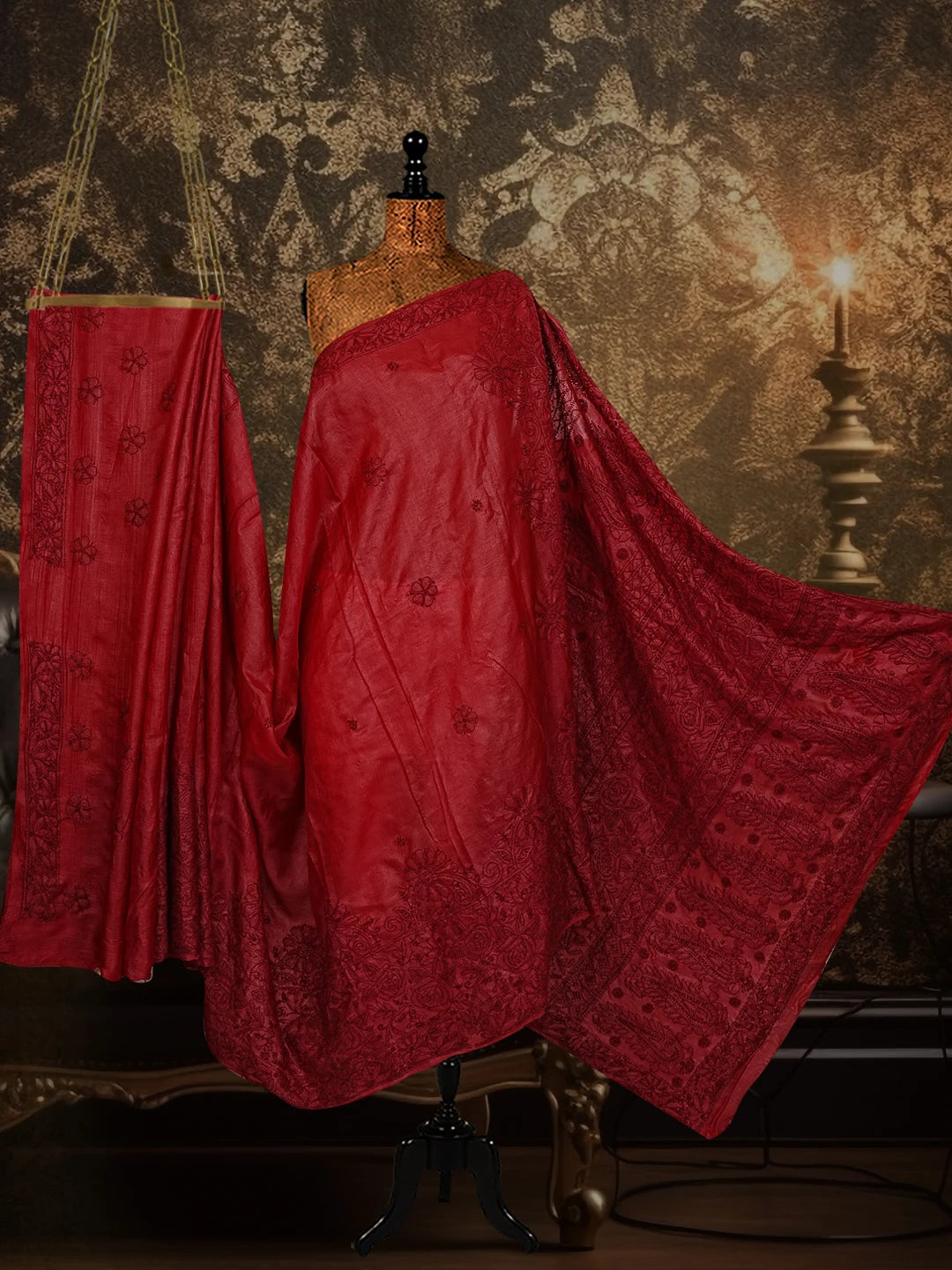 Ada Hand Embroidered Maroon Silk Lucknowi Chikankari Saree and Blouse 01A558376