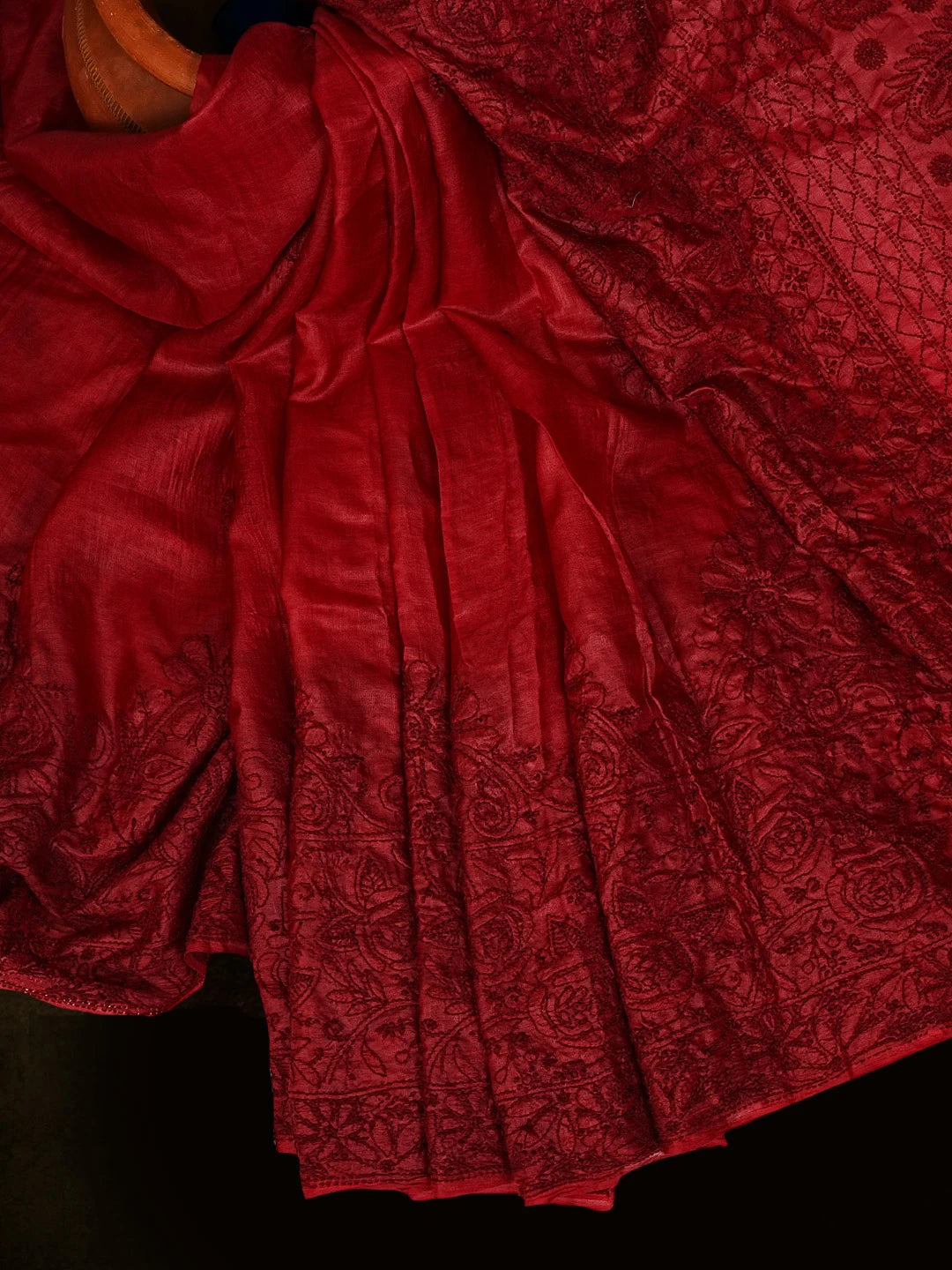 Ada Hand Embroidered Maroon Silk Lucknowi Chikankari Saree and Blouse 01A558376