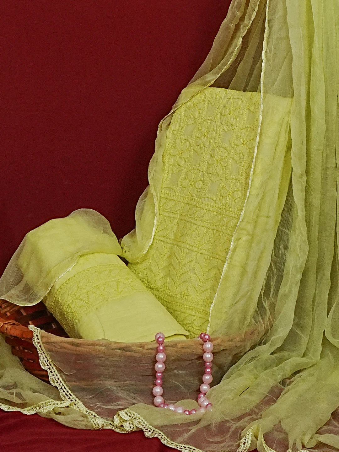 Ada Hand Embroidered Lime Green Cotton Lucknowi Chikankari Unstitched Suit Piece 01A558872