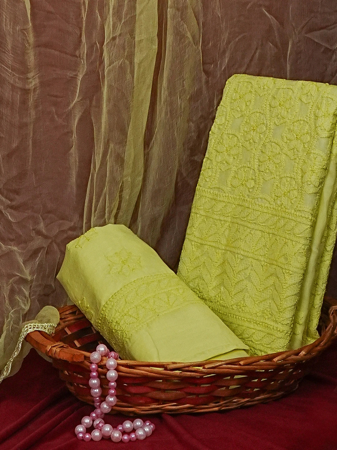 Ada Hand Embroidered Lime Green Cotton Lucknowi Chikankari Unstitched Suit Piece 01A558872