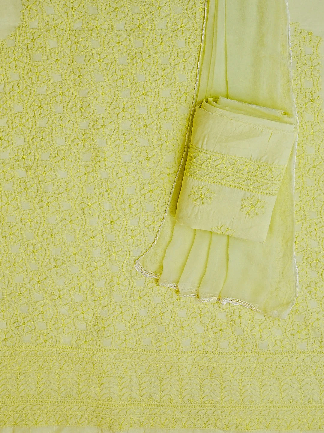 Ada Hand Embroidered Lime Green Cotton Lucknowi Chikankari Unstitched Suit Piece 01A558872