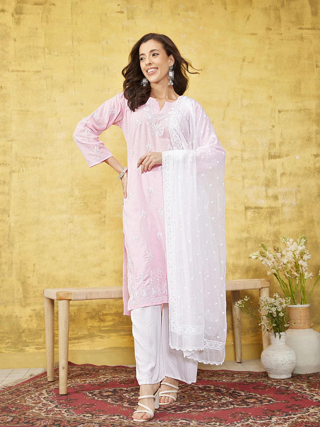 Ada Hand Embroidered White Chiffon Lucknowi Dupatta A511215