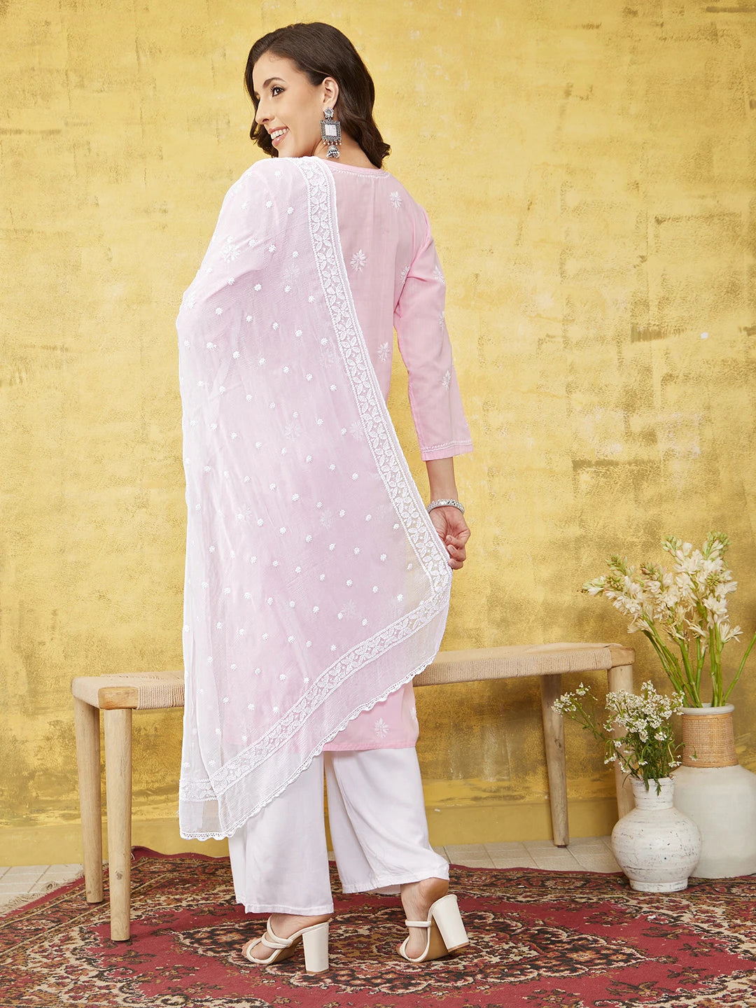 Ada Hand Embroidered White Chiffon Lucknowi Dupatta A511215