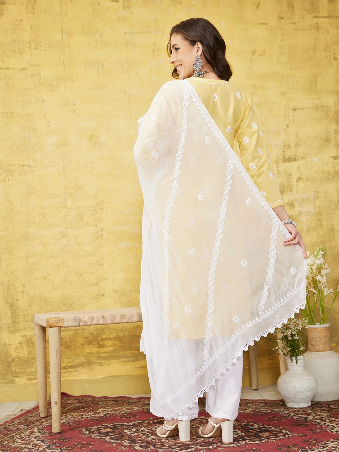 Ada Hand Embroidered White Chiffon Lucknowi Chikankari Dupatta A511216