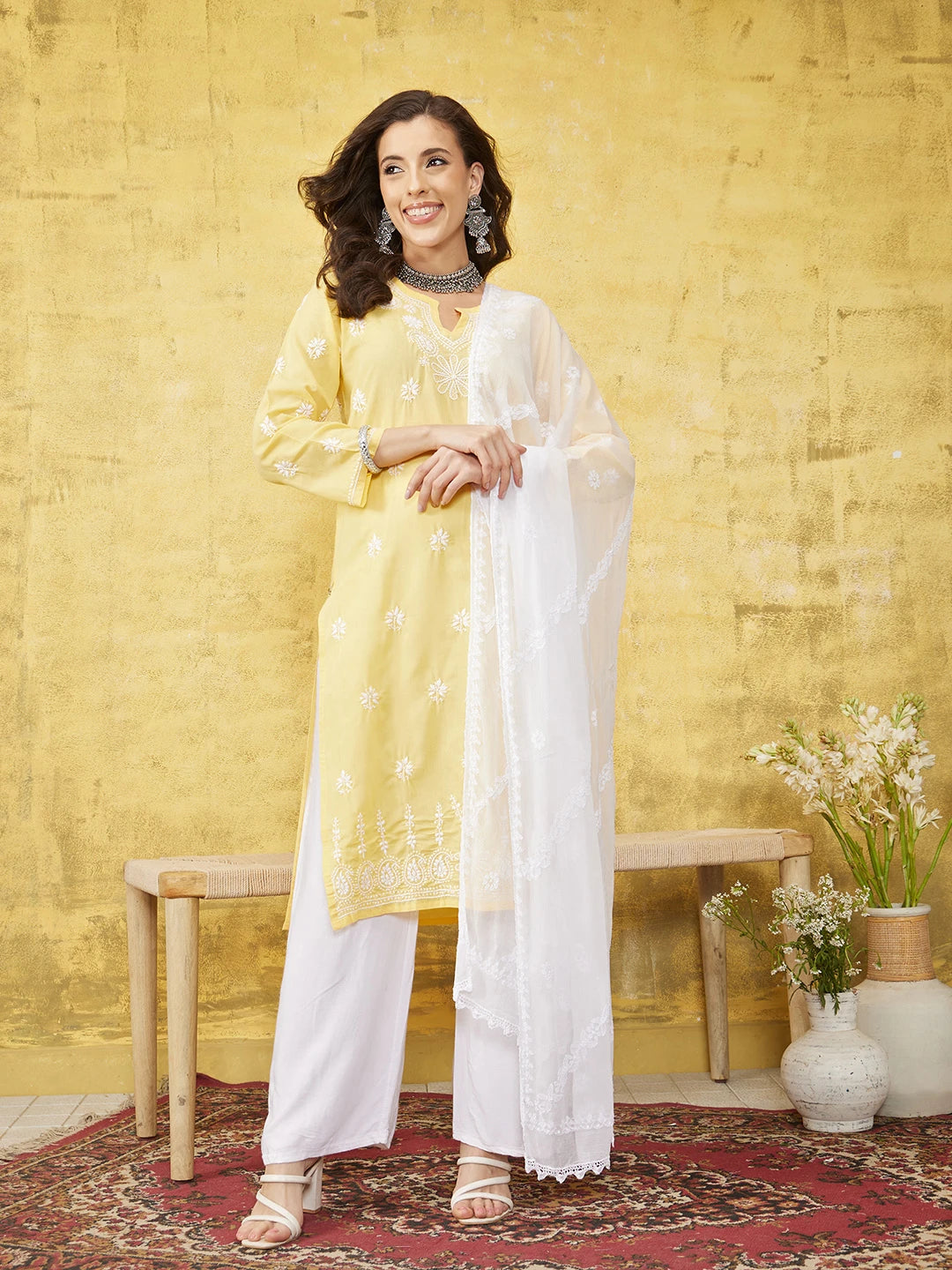 Ada Hand Embroidered White Chiffon Lucknowi Chikankari Dupatta A511216