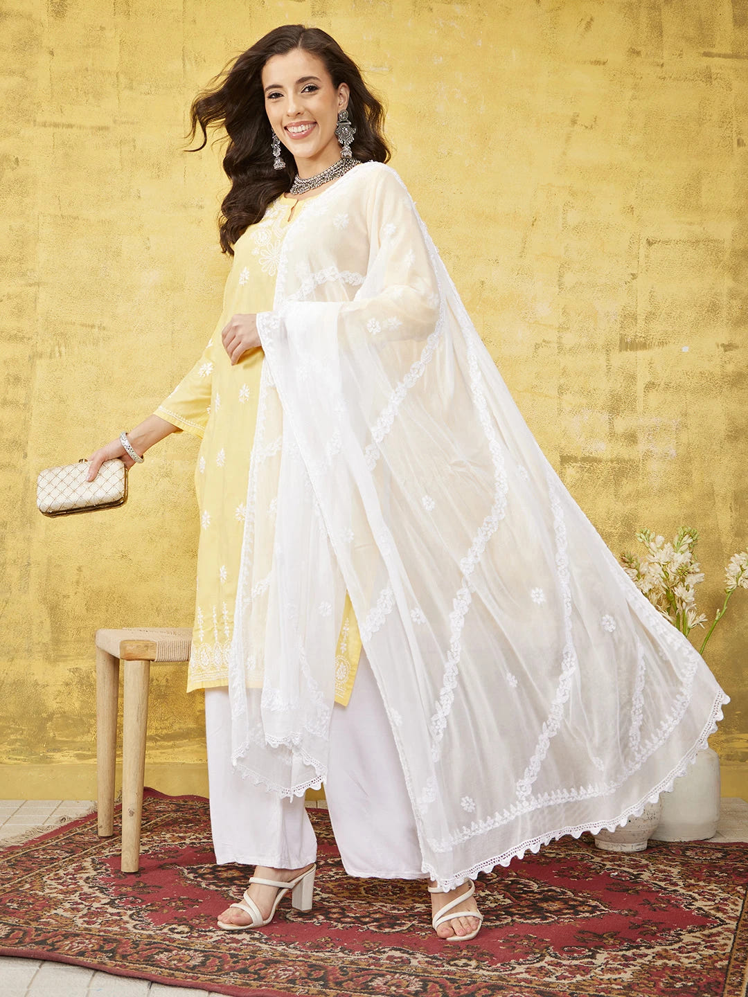 Ada Hand Embroidered White Chiffon Lucknowi Chikankari Dupatta A511216