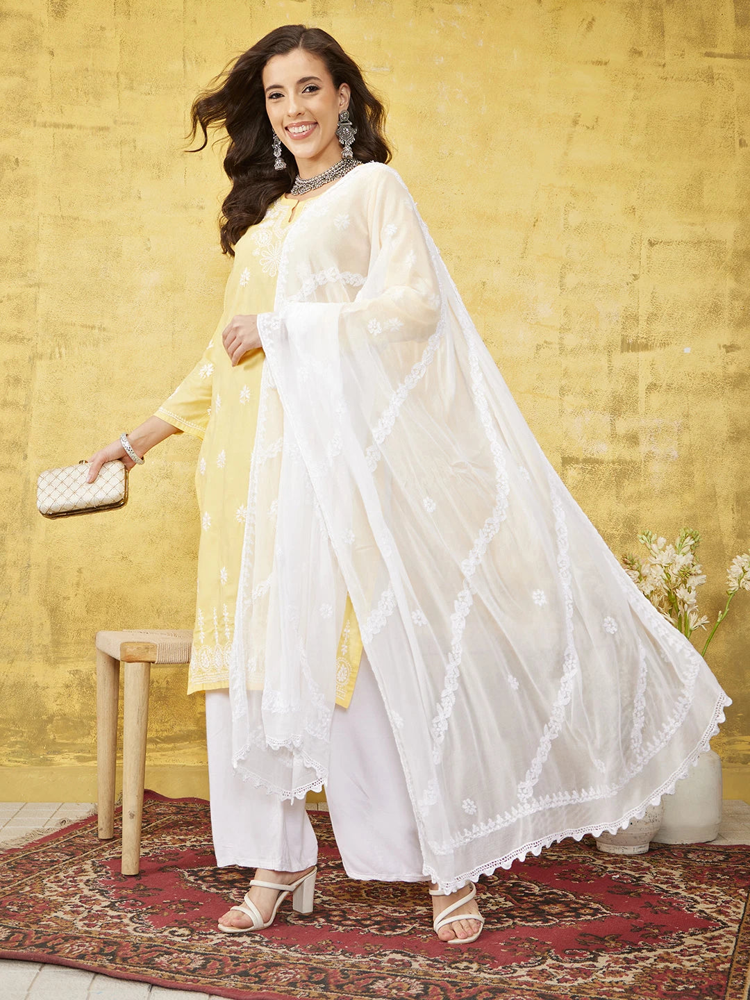 Ada Hand Embroidered White Chiffon Lucknowi Chikankari Dupatta A511216