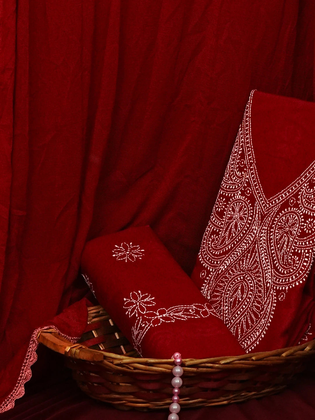Ada Hand Embroidered Maroon Cotton Lucknowi Chikankari Unstitched Suit Set 01A558529
