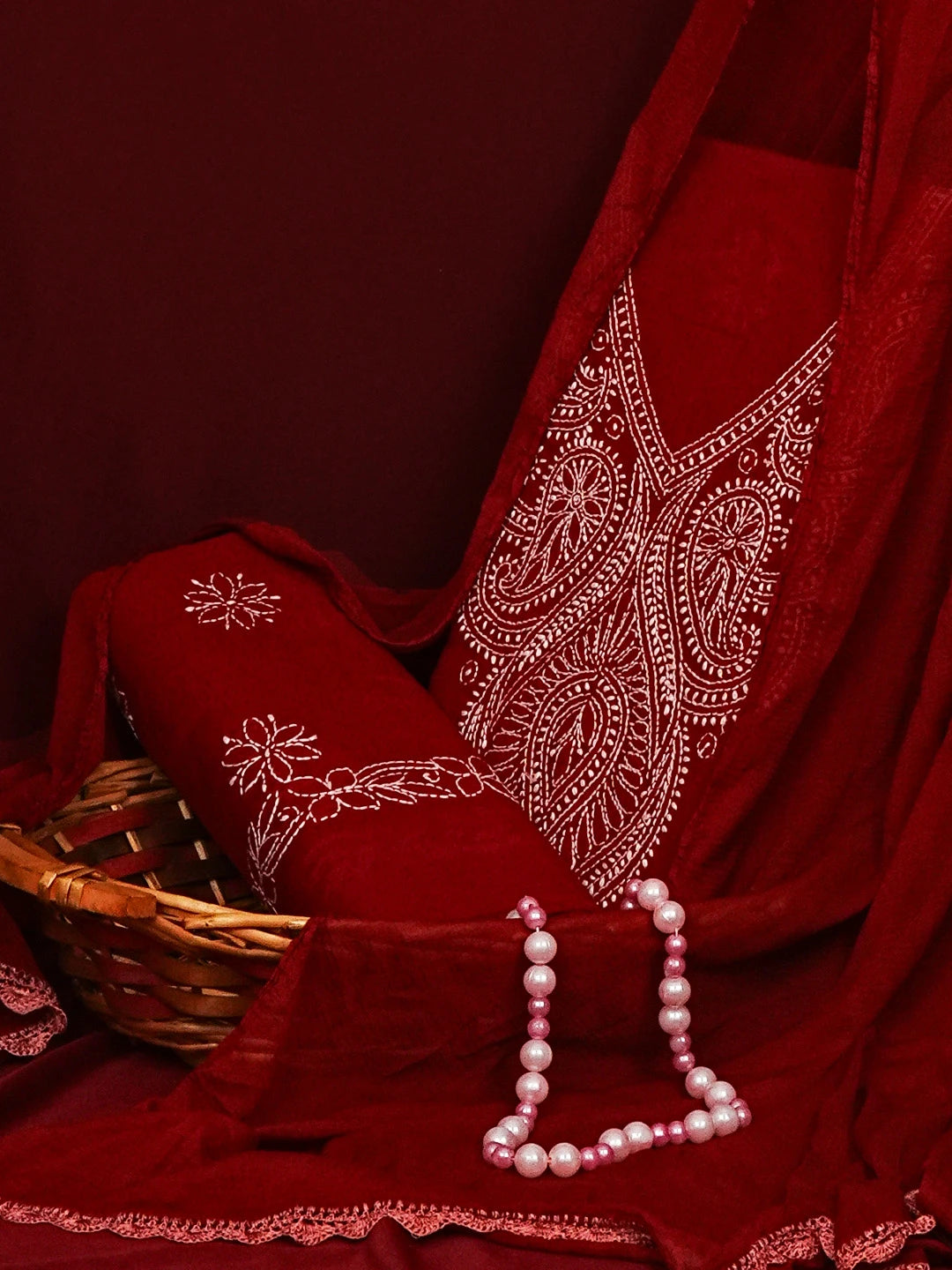 Ada Hand Embroidered Maroon Cotton Lucknowi Chikankari Unstitched Suit Set 01A558529
