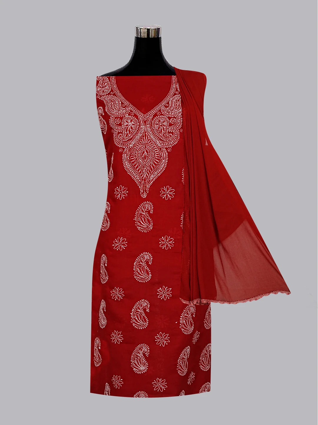 Ada Hand Embroidered Maroon Cotton Lucknowi Chikankari Unstitched Suit Set 01A558529