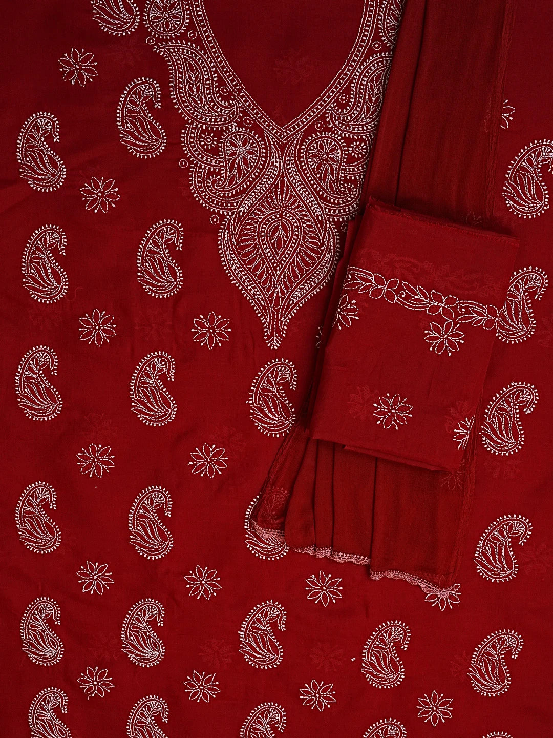 Ada Hand Embroidered Maroon Cotton Lucknowi Chikankari Unstitched Suit Set 01A558529