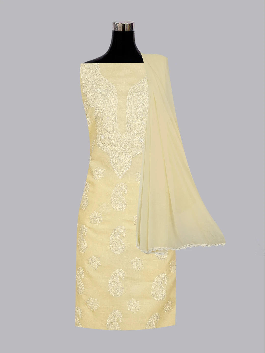 Ada Hand Embroidered Beige Cotton Lucknowi Chikankari Unstitched Suit Set 01A558534