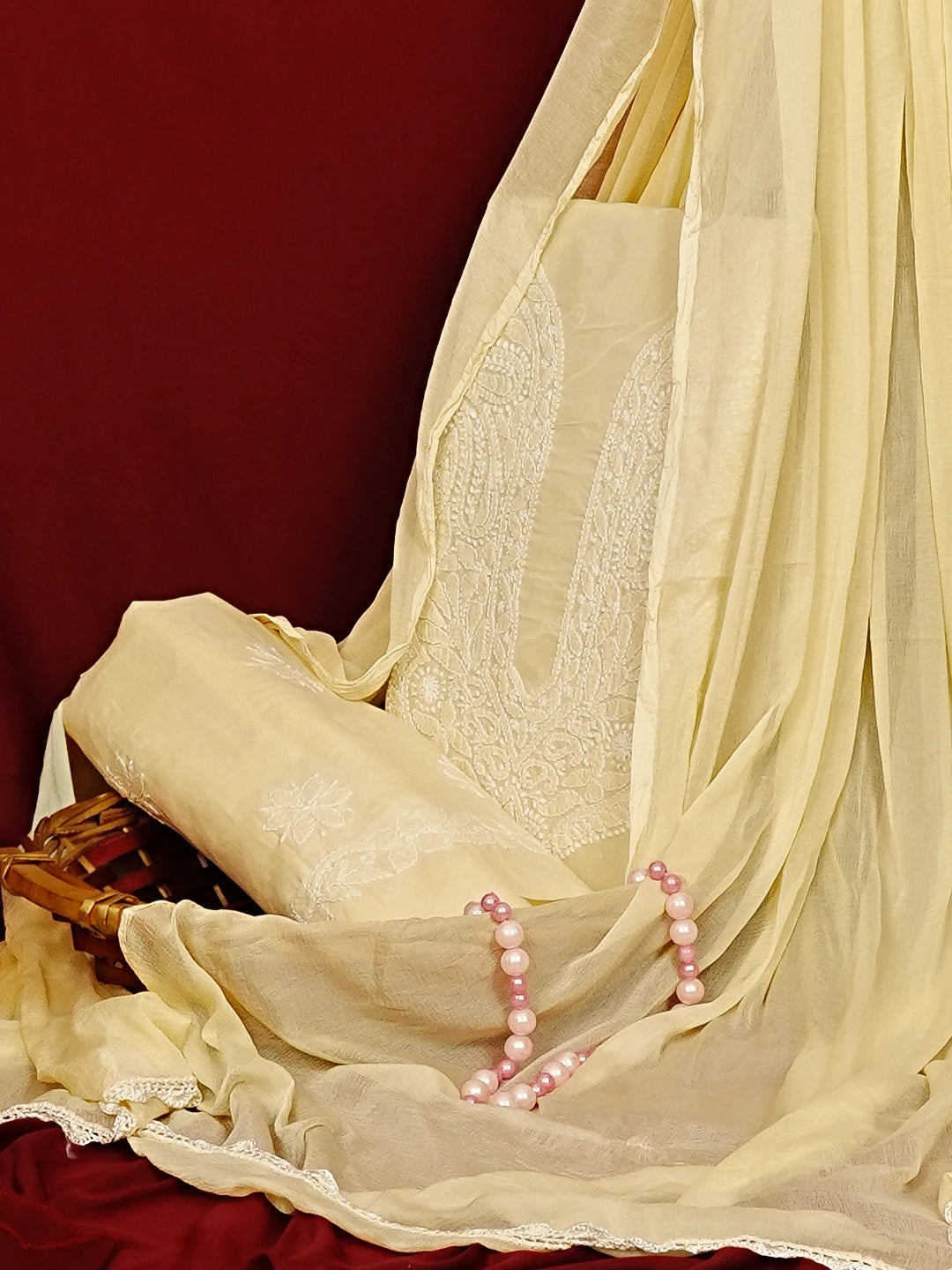 Ada Hand Embroidered Beige Cotton Lucknowi Chikankari Unstitched Suit Set 01A558534
