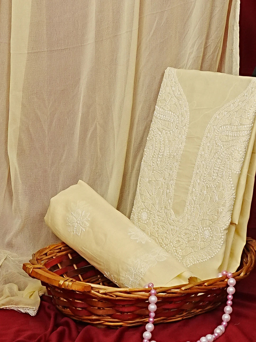 Ada Hand Embroidered Beige Cotton Lucknowi Chikankari Unstitched Suit Set 01A558534