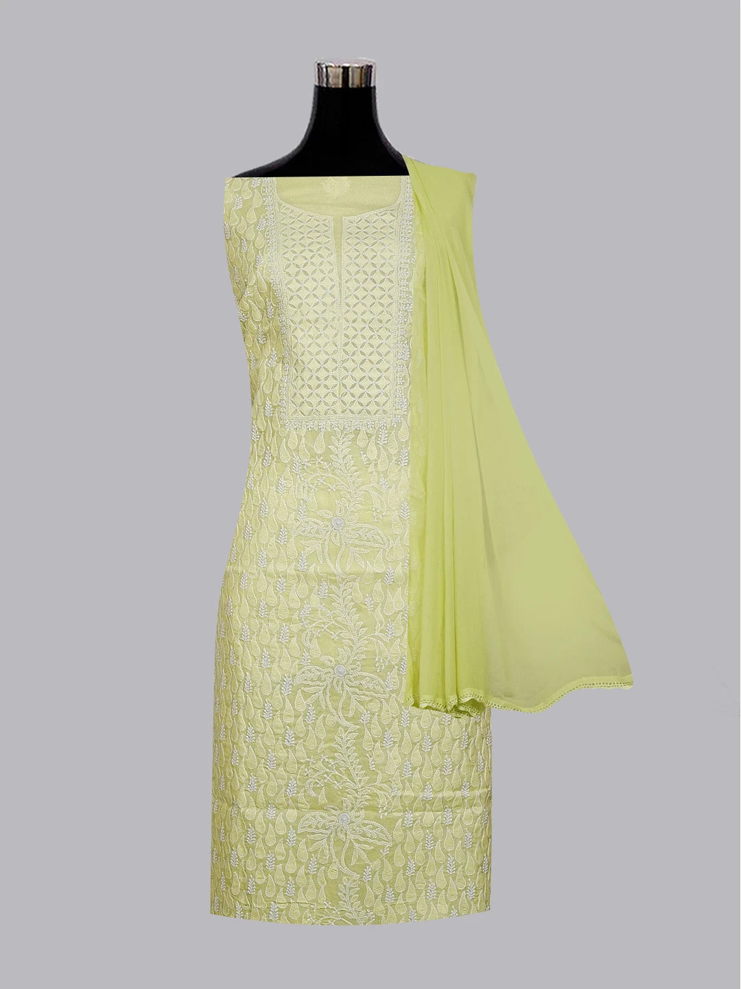 Ada Hand Embroidered Lime Green Cotton Lucknowi Chikankari Unstitched Suit Set 01A558848