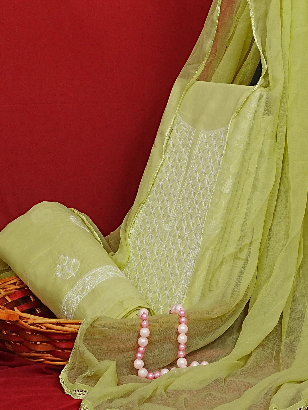 Ada Hand Embroidered Lime Green Cotton Lucknowi Chikankari Unstitched Suit Set 01A558848