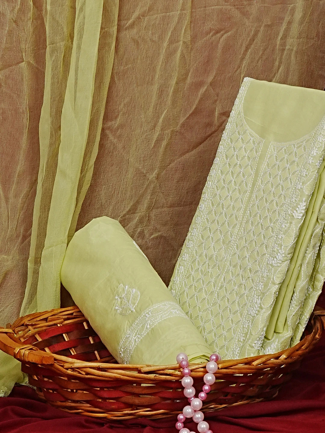 Ada Hand Embroidered Lime Green Cotton Lucknowi Chikankari Unstitched Suit Set 01A558848
