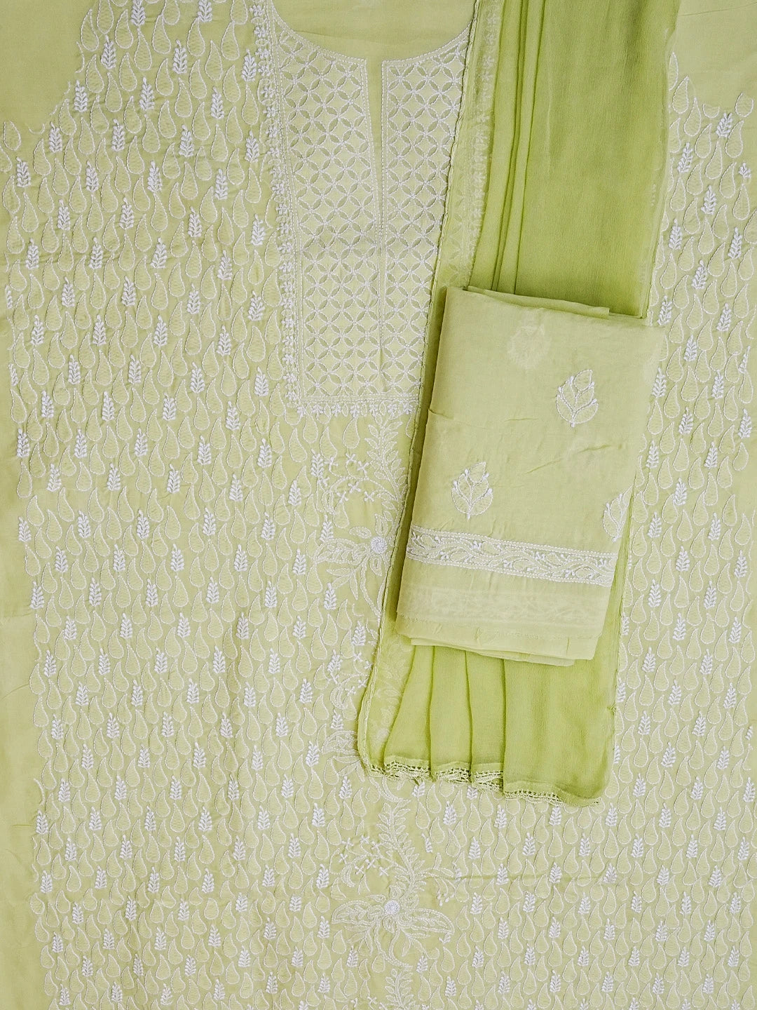Ada Hand Embroidered Lime Green Cotton Lucknowi Chikankari Unstitched Suit Set 01A558848