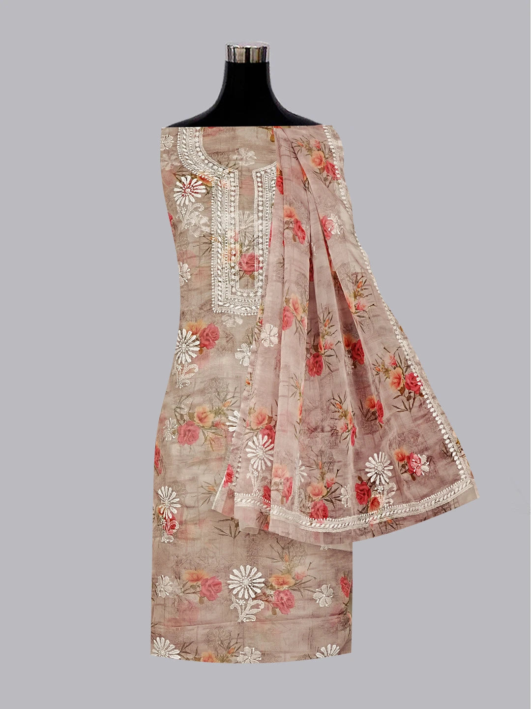 Ada Hand Embroidered Dusty Pink Floral Printed Chikankari Unstitched Kurta Dupatta Set 01A550972