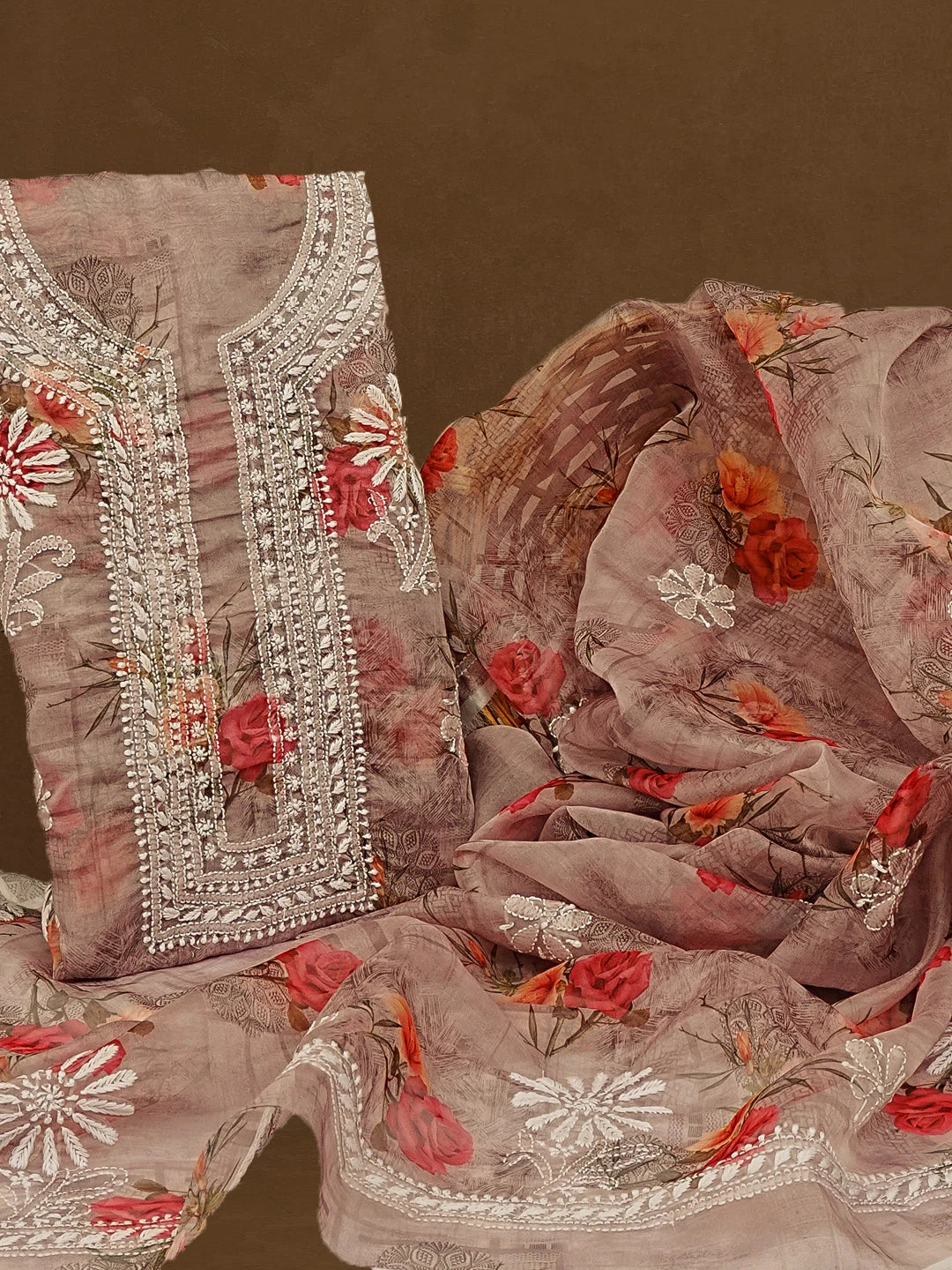 Ada Hand Embroidered Dusty Pink Floral Printed Chikankari Unstitched Kurta Dupatta Set 01A550972