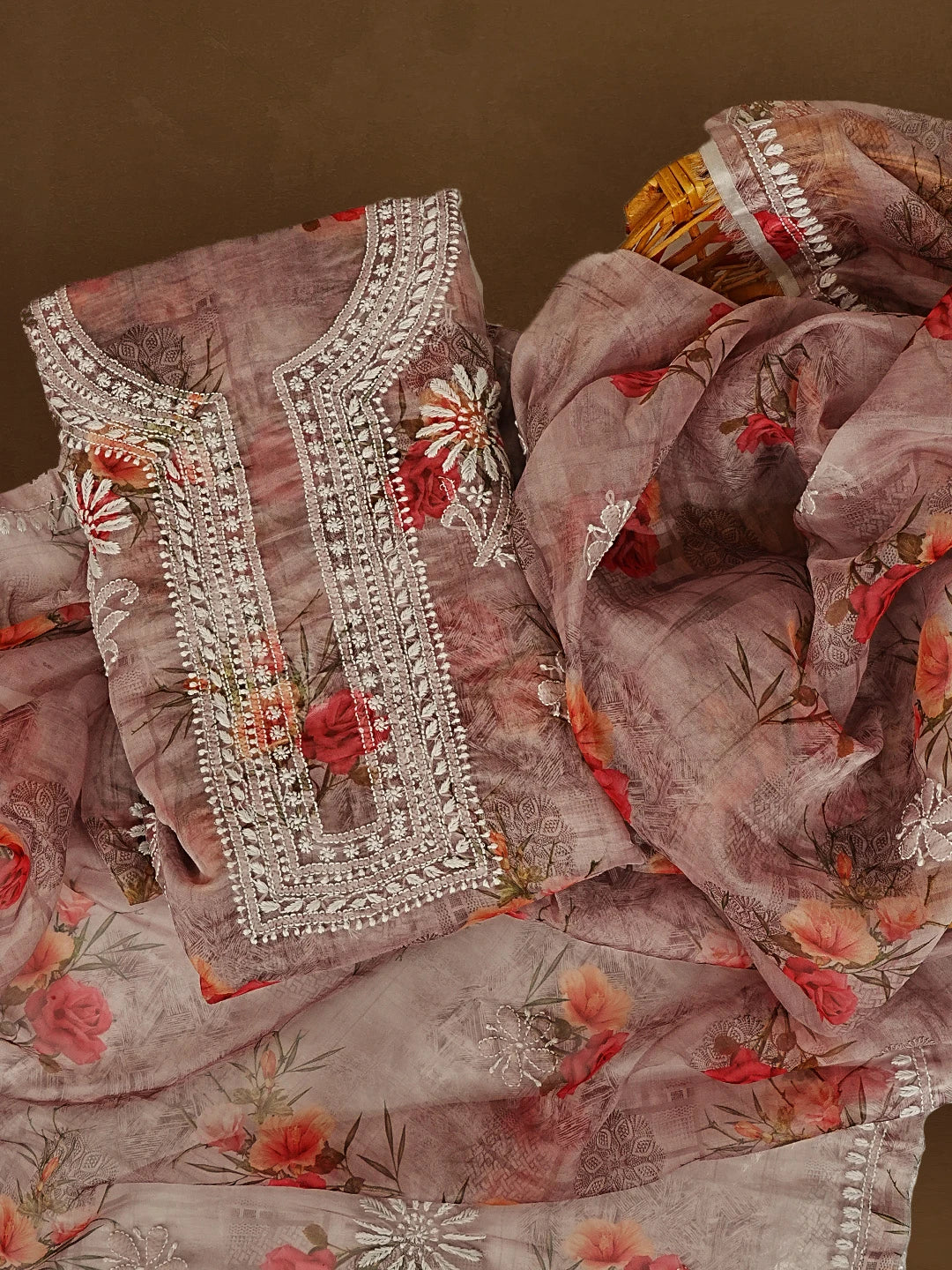 Ada Hand Embroidered Dusty Pink Floral Printed Chikankari Unstitched Kurta Dupatta Set 01A550972