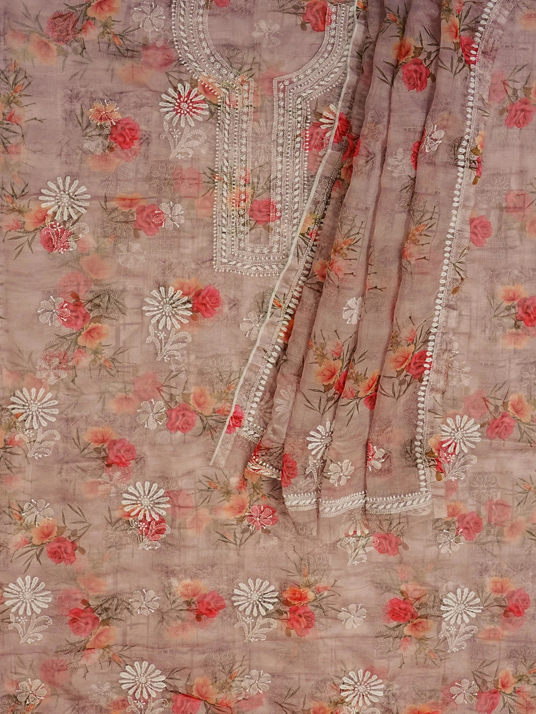 Ada Hand Embroidered Dusty Pink Floral Printed Chikankari Unstitched Kurta Dupatta Set 01A550972