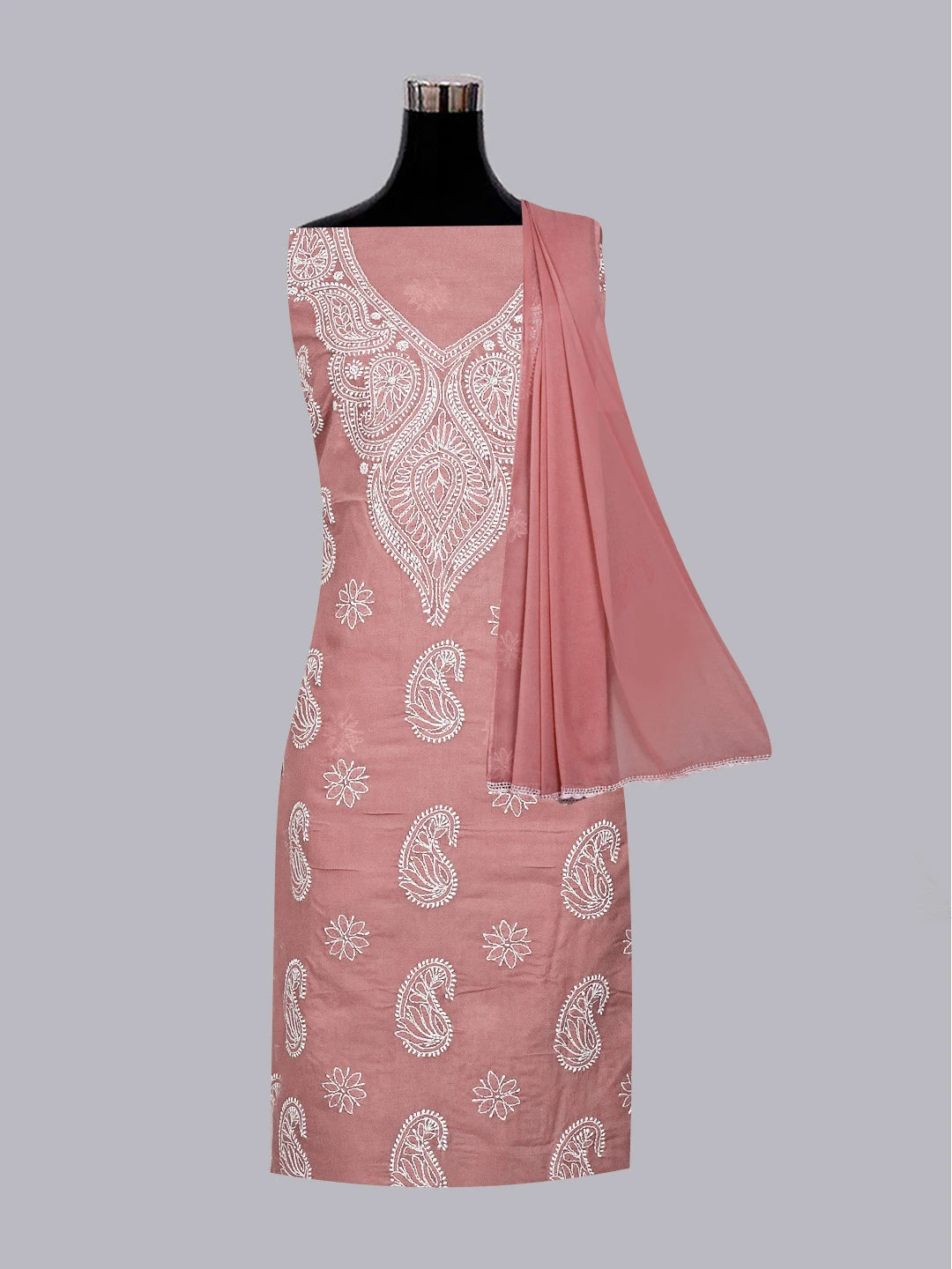Ada Hand Embroidered Dusty Peach Cotton Lucknowi Chikankari Unstitched Suit Piece 01A558544