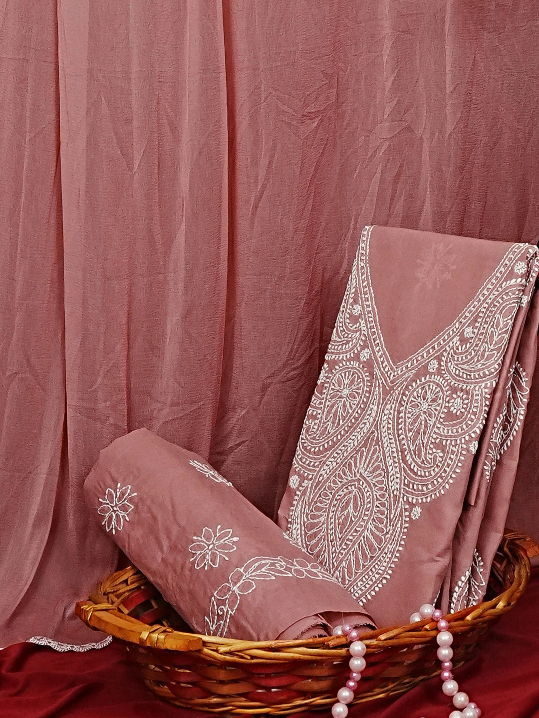 Ada Hand Embroidered Dusty Peach Cotton Lucknowi Chikankari Unstitched Suit Piece 01A558544