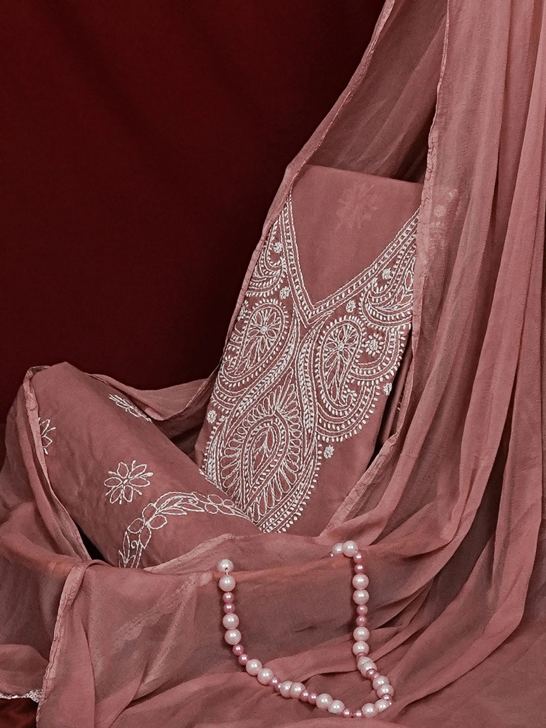 Ada Hand Embroidered Dusty Peach Cotton Lucknowi Chikankari Unstitched Suit Piece 01A558544