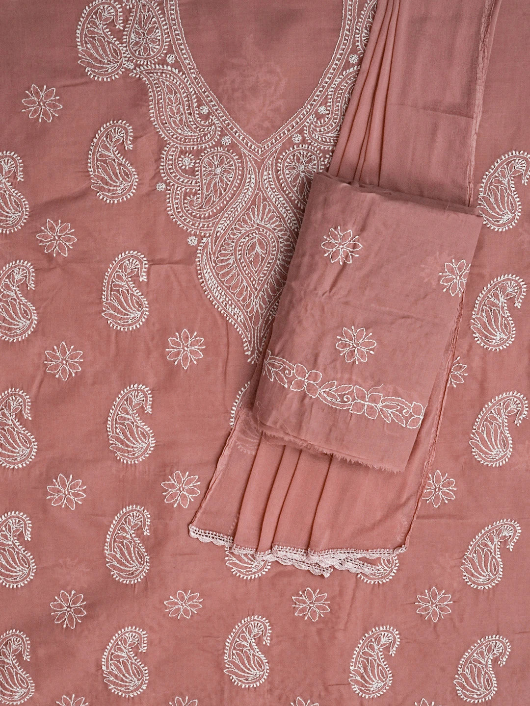 Ada Hand Embroidered Dusty Peach Cotton Lucknowi Chikankari Unstitched Suit Piece 01A558544