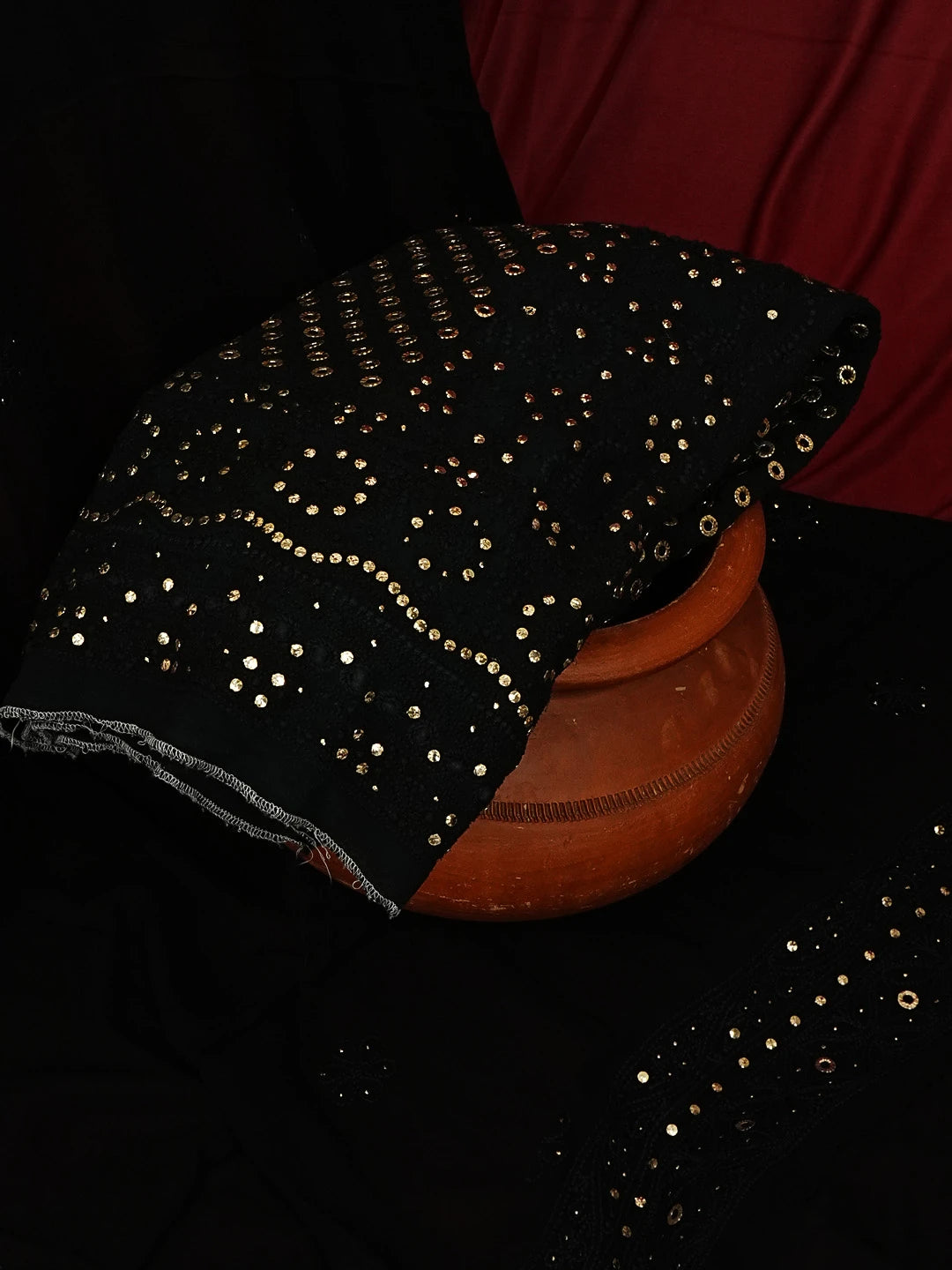 Ada Hand Embroidered Black Georgette Lucknowi Chikankari Semi-Stitched Anarkali Kurta Dupatta Set With Muqaish Work 01A360854