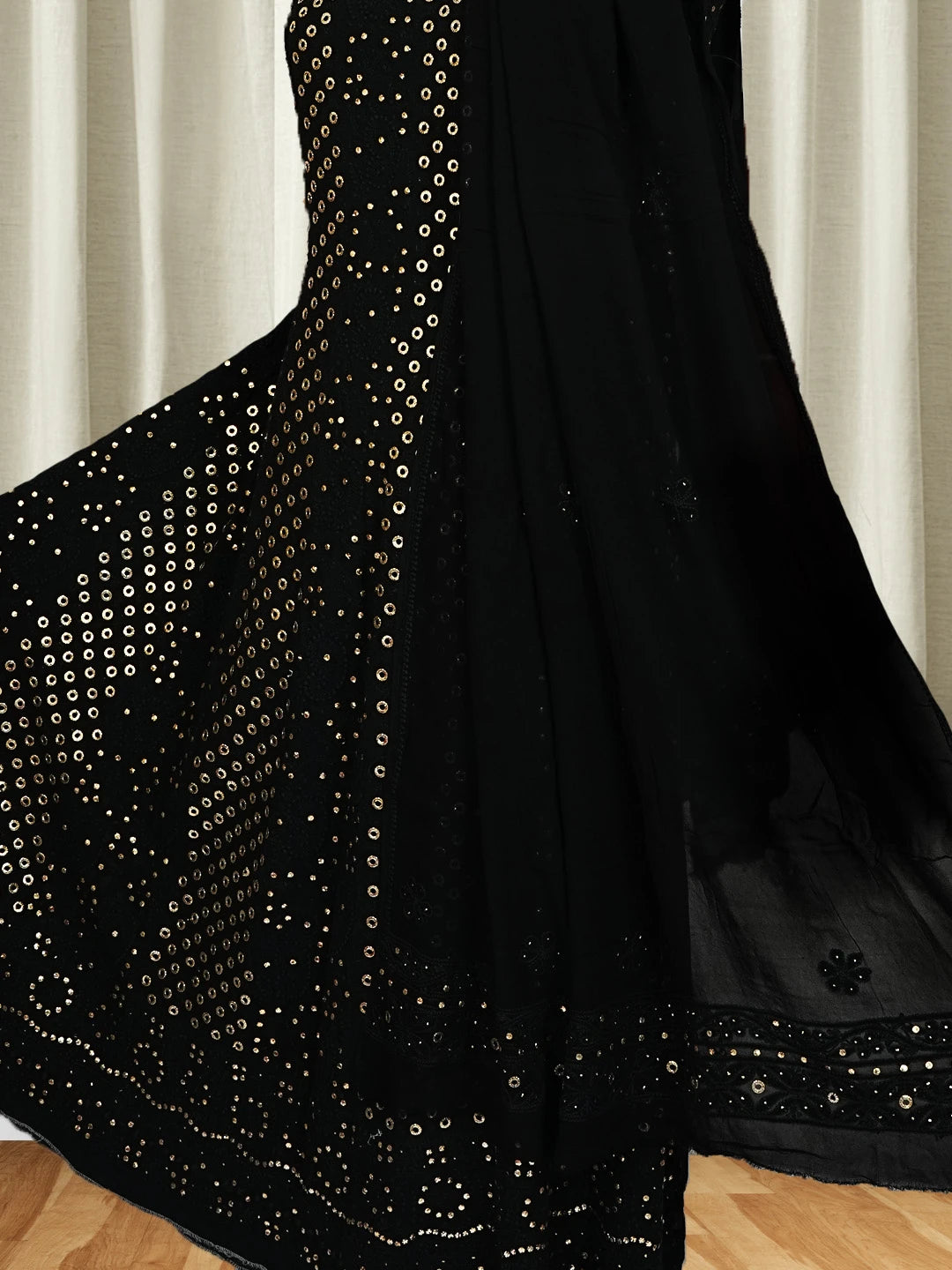 Ada Hand Embroidered Black Georgette Lucknowi Chikankari Semi-Stitched Anarkali Kurta Dupatta Set With Muqaish Work 01A360854