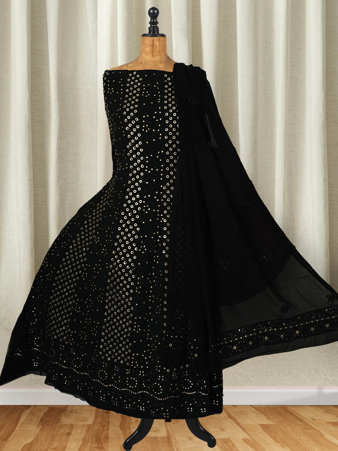 Ada Hand Embroidered Black Georgette Lucknowi Chikankari Semi-Stitched Anarkali Kurta Dupatta Set With Muqaish Work 01A360854