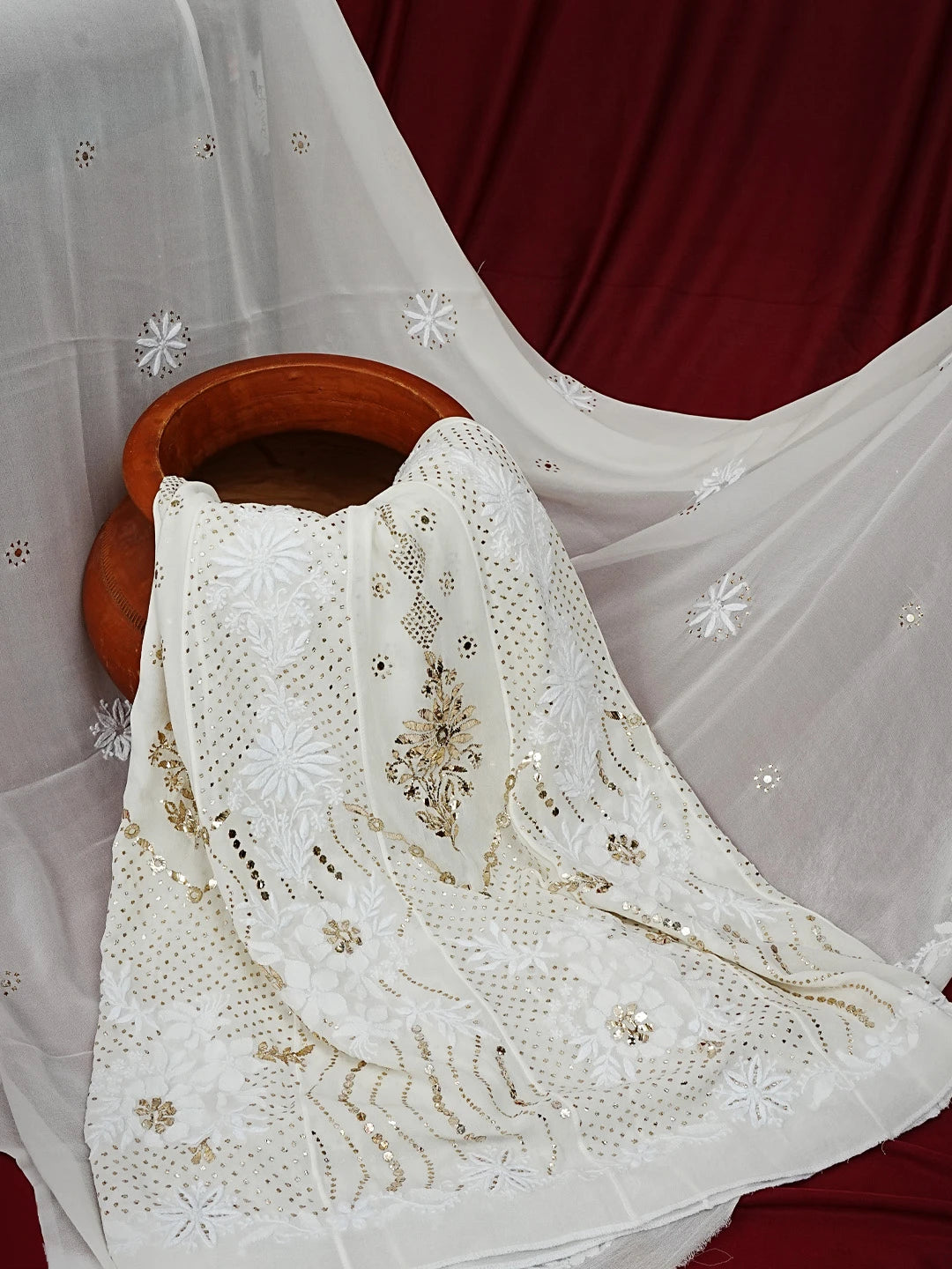 Ada Hand Embroidered White Georgette Lucknowi Chikankari Semi-Stitched Anarkali Kurta Dupatta Set With Muqaish Work 01A414391