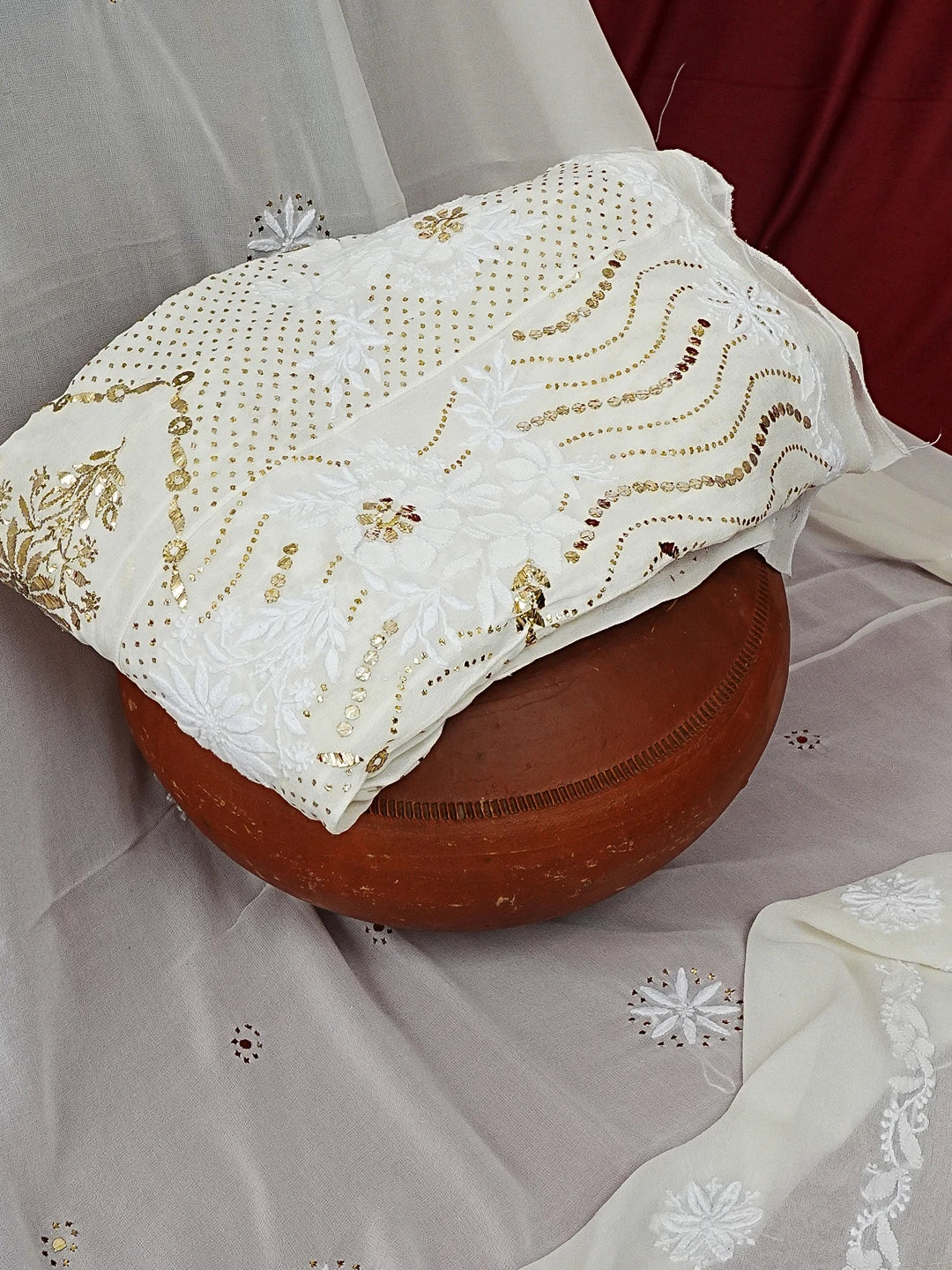 Ada Hand Embroidered White Georgette Lucknowi Chikankari Semi-Stitched Anarkali Kurta Dupatta Set With Muqaish Work 01A414391
