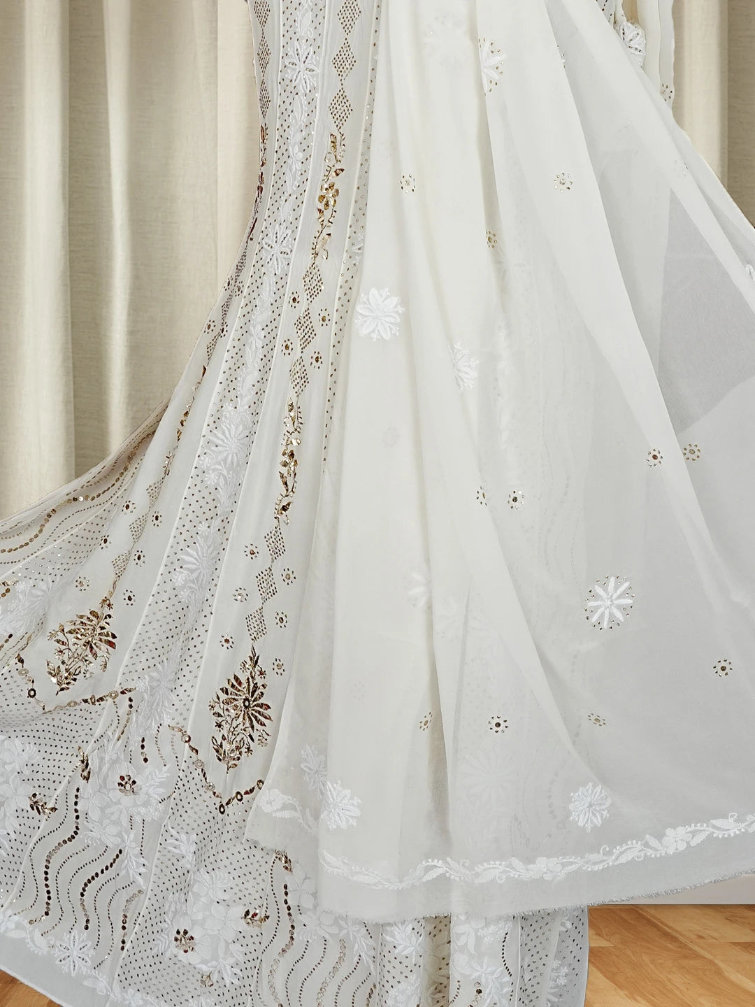 Ada Hand Embroidered White Georgette Lucknowi Chikankari Semi-Stitched Anarkali Kurta Dupatta Set With Muqaish Work 01A414391