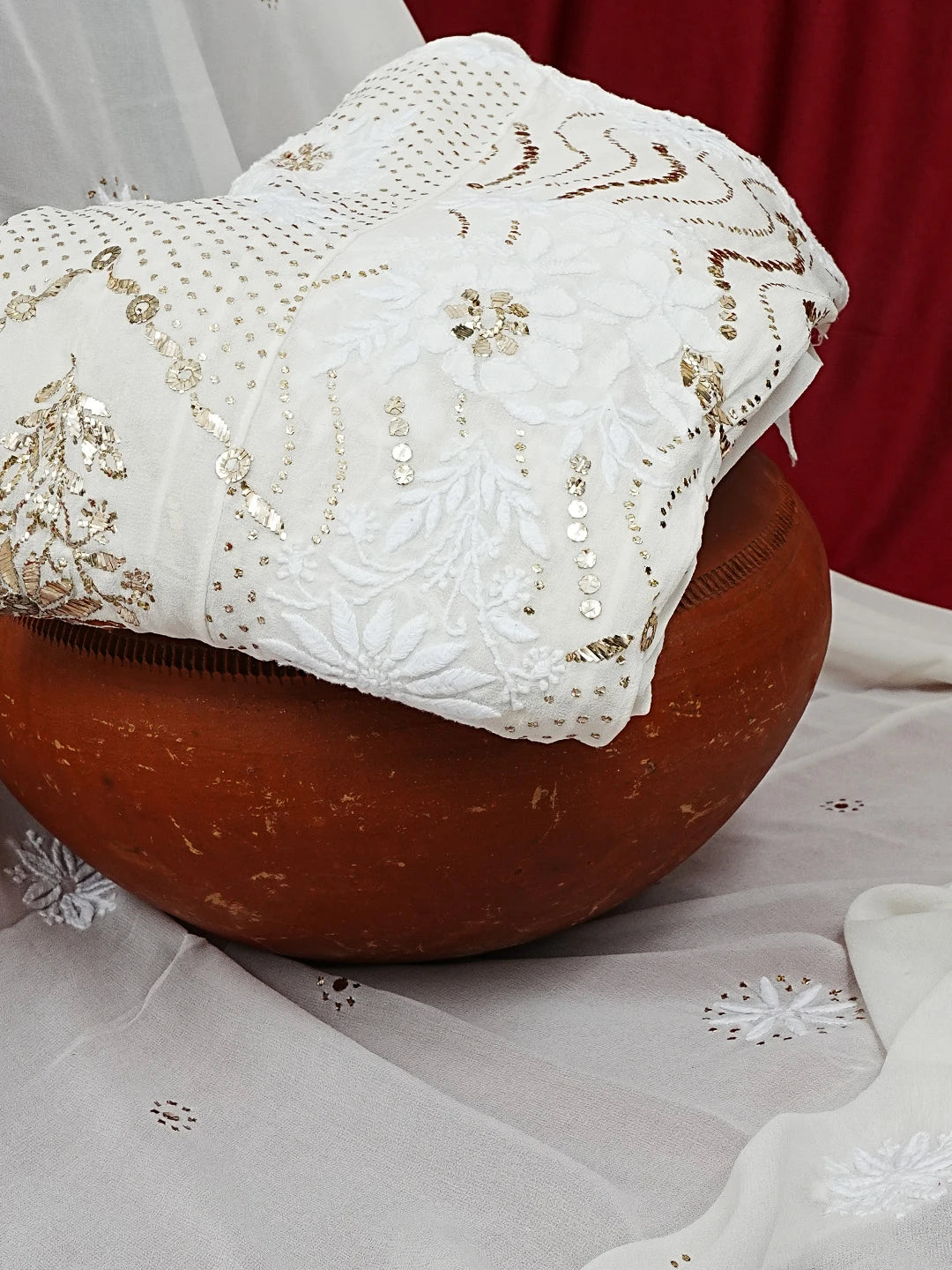 Ada Hand Embroidered White Georgette Lucknowi Chikankari Semi-Stitched Anarkali Kurta Dupatta Set With Muqaish Work 01A414391