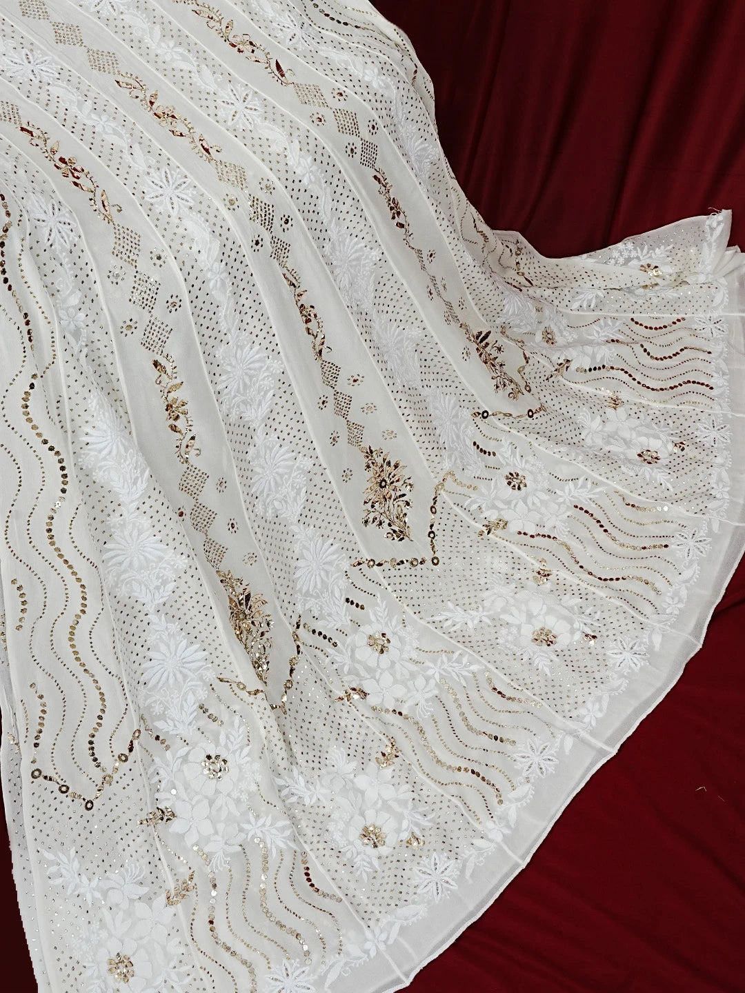 Ada Hand Embroidered White Georgette Lucknowi Chikankari Semi-Stitched Anarkali Kurta Dupatta Set With Muqaish Work 01A414391