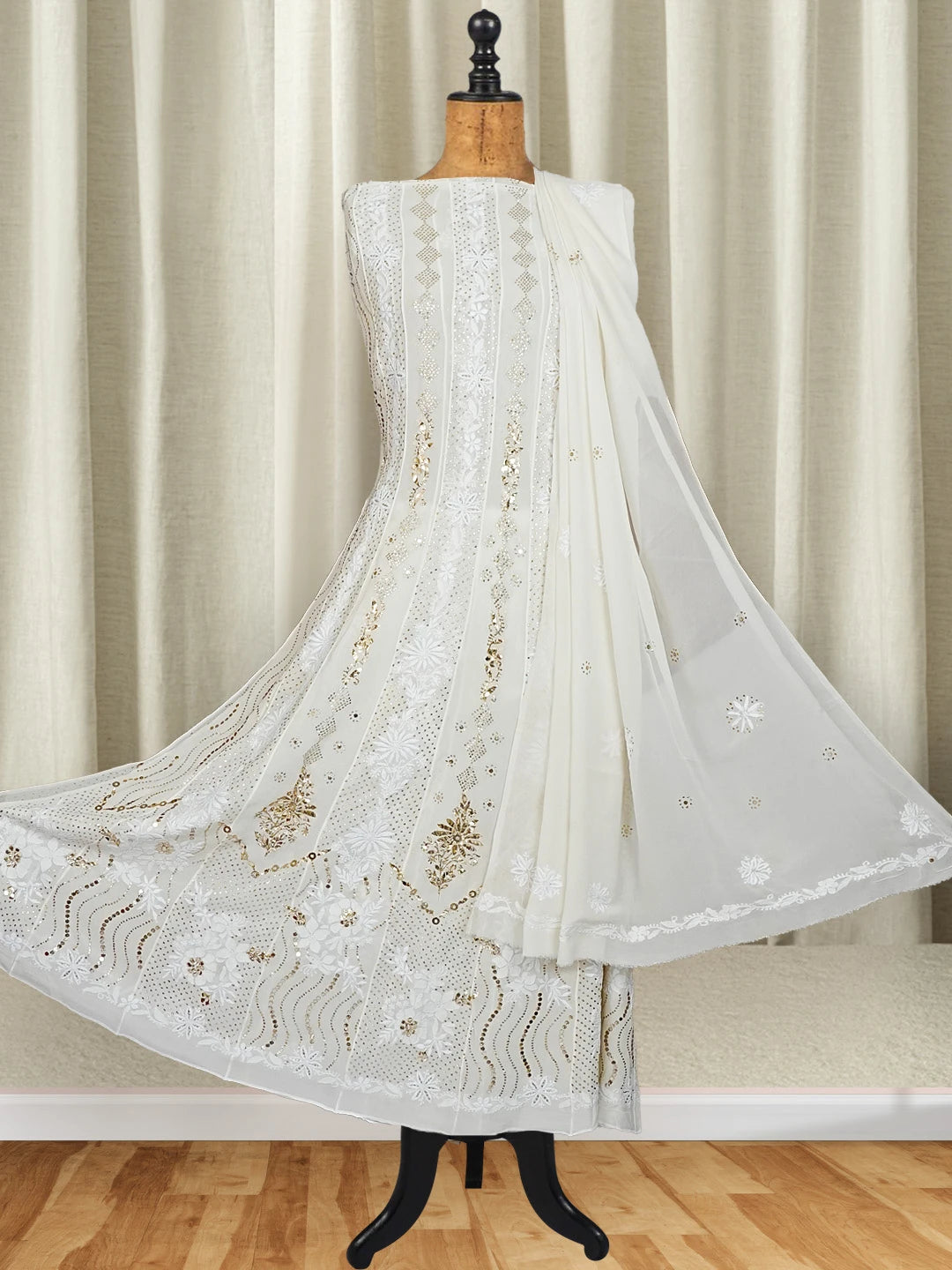 Ada Hand Embroidered White Georgette Lucknowi Chikankari Semi-Stitched Anarkali Kurta Dupatta Set With Muqaish Work 01A414391