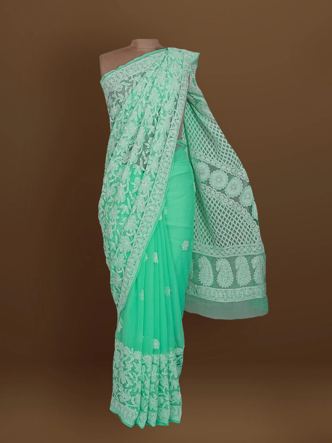 Ada Hand Embroidered Sea Green Georgette Lucknowi Chikankari Saree With Blouse 01A555862
