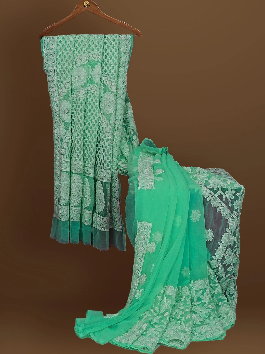Ada Hand Embroidered Sea Green Georgette Lucknowi Chikankari Saree With Blouse 01A555862