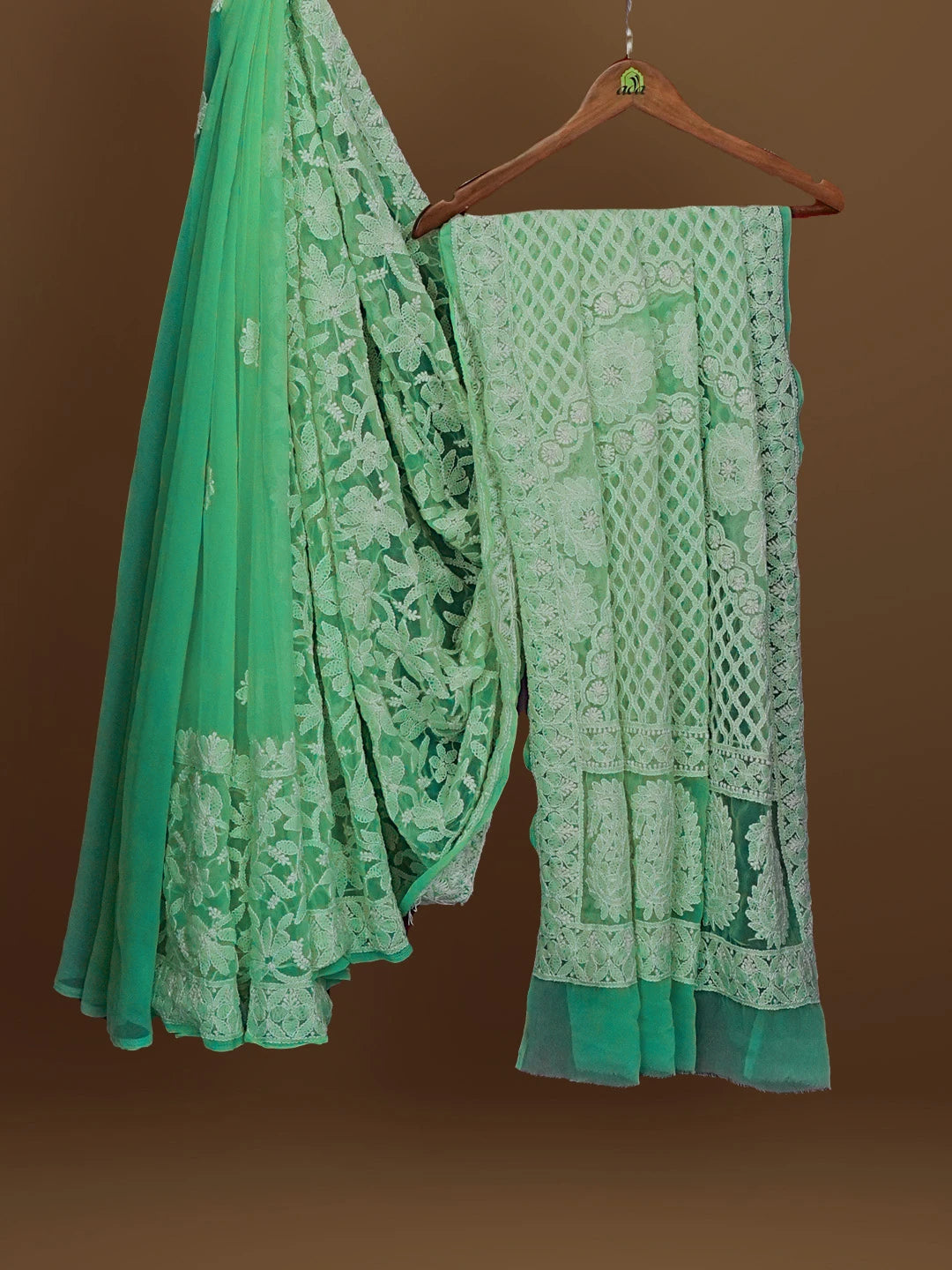 Ada Hand Embroidered Sea Green Georgette Lucknowi Chikankari Saree With Blouse 01A555862