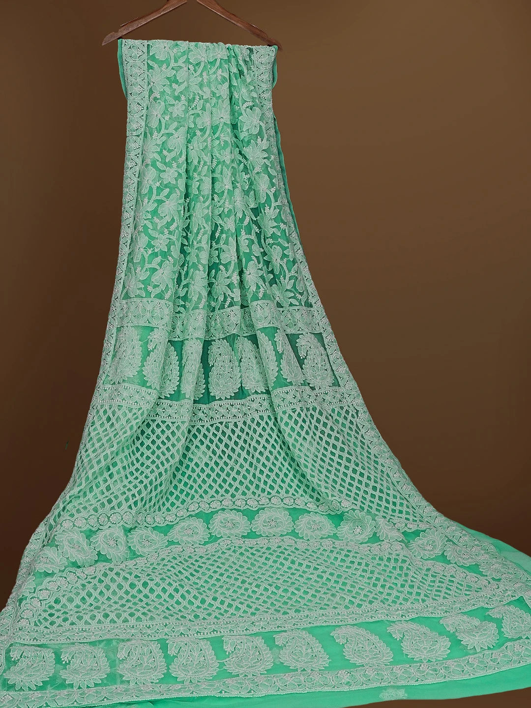 Ada Hand Embroidered Sea Green Georgette Lucknowi Chikankari Saree With Blouse 01A555862