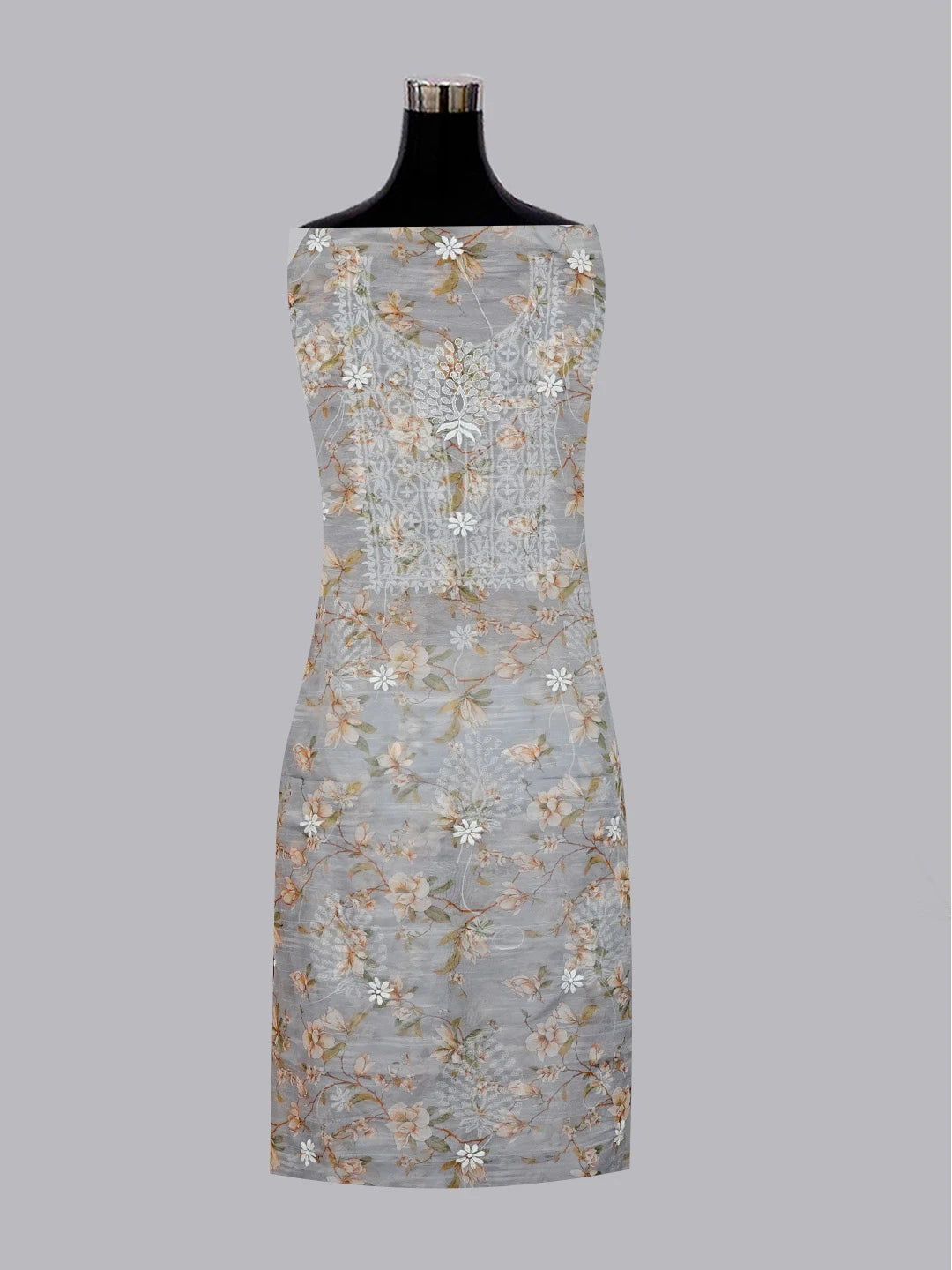 Ada Hand Embroidered Grey Floral Printed Chikankari Unstitched Kurta Dupatta Set 01A550987