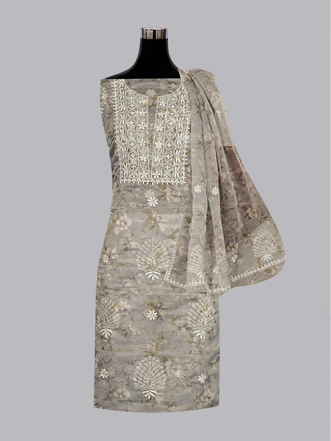Ada Hand Embroidered Grey Floral Printed Chikankari Unstitched Kurta Dupatta Set 01A550987
