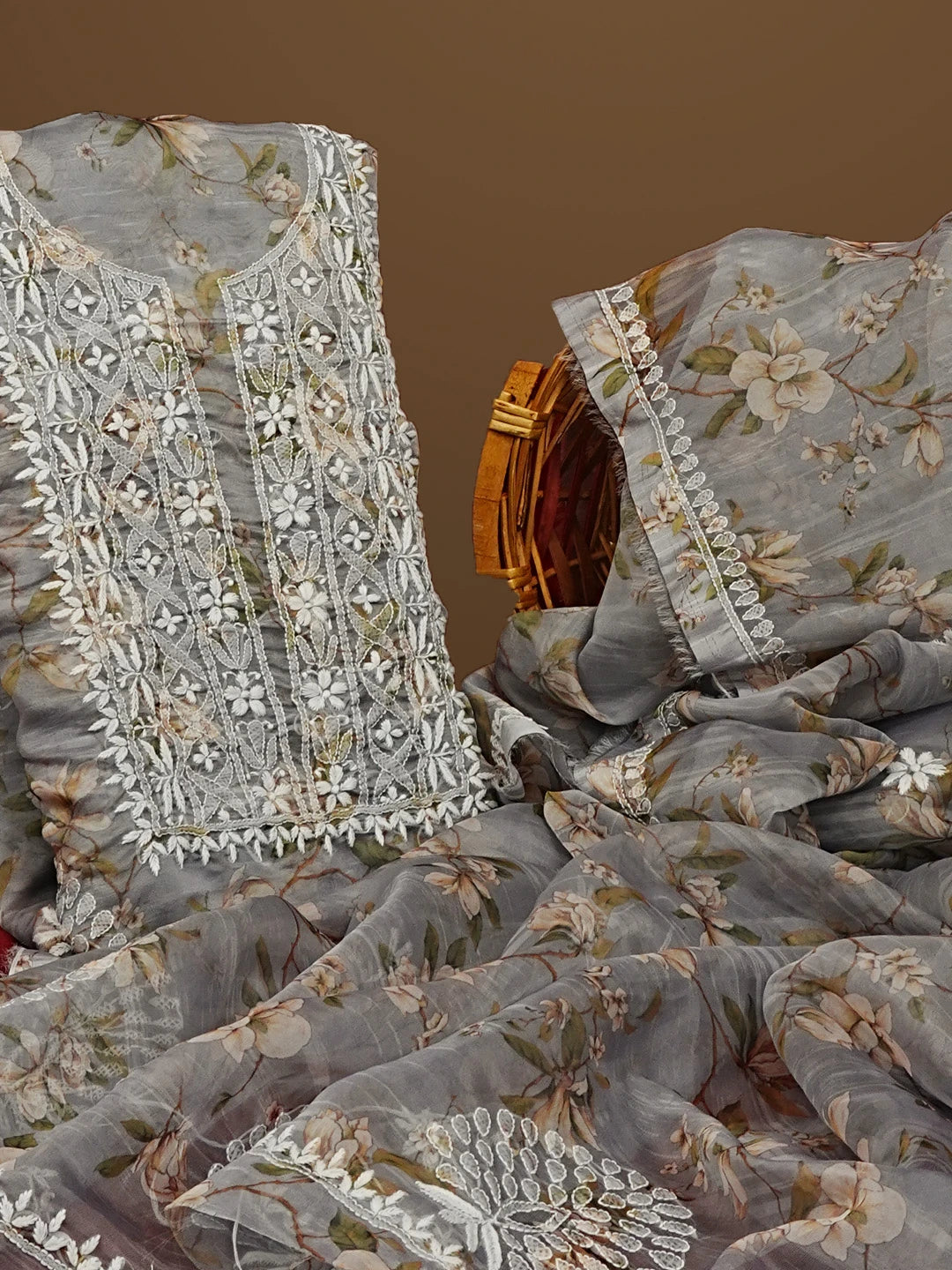 Ada Hand Embroidered Grey Floral Printed Chikankari Unstitched Kurta Dupatta Set 01A550987